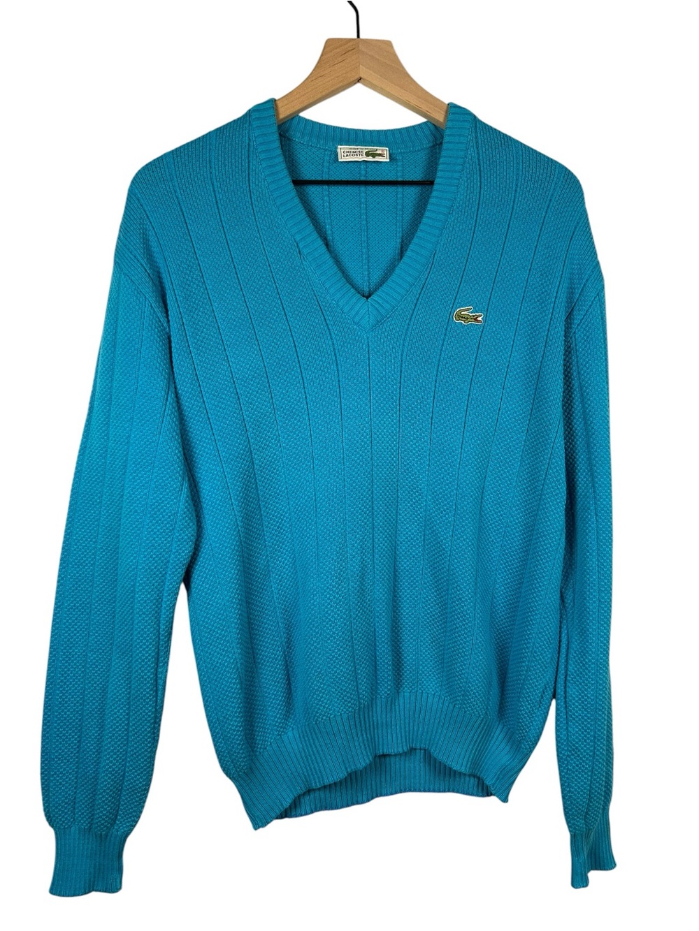 VTG 80s LACOSTE Chemise Turquoise Cotton V Neck Sweater Sz 3 Men M Preppy